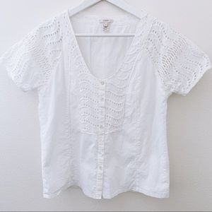 J Crew Eyelet Laser Cut Lace White Button Blouse